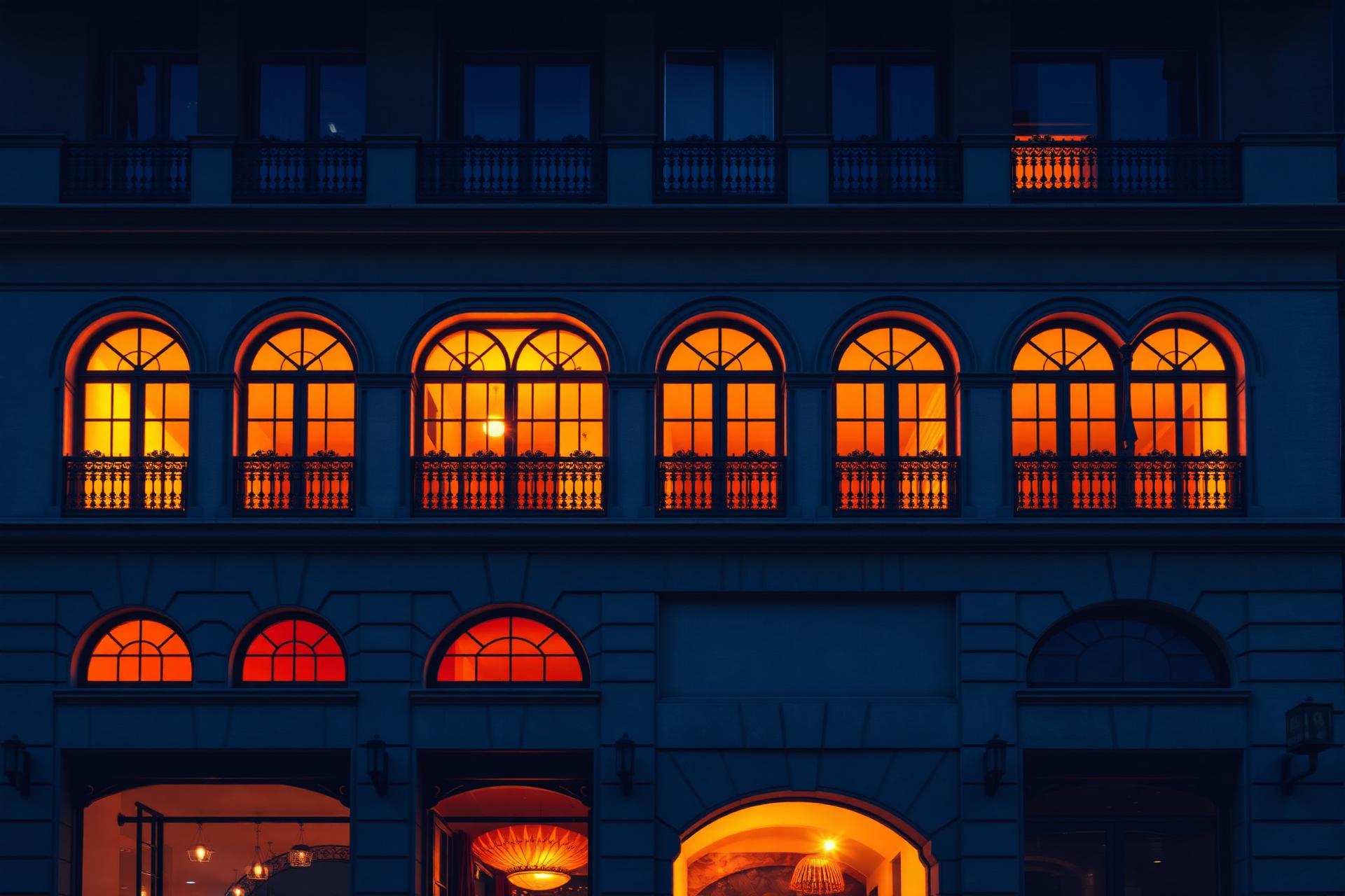 Barcelona boutique hotel facade at dusk with warm light spilling from arched windows