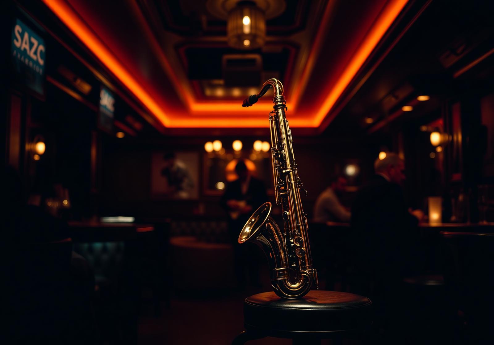 Intimate jazz bar with warm amber light and a saxophone on a stool