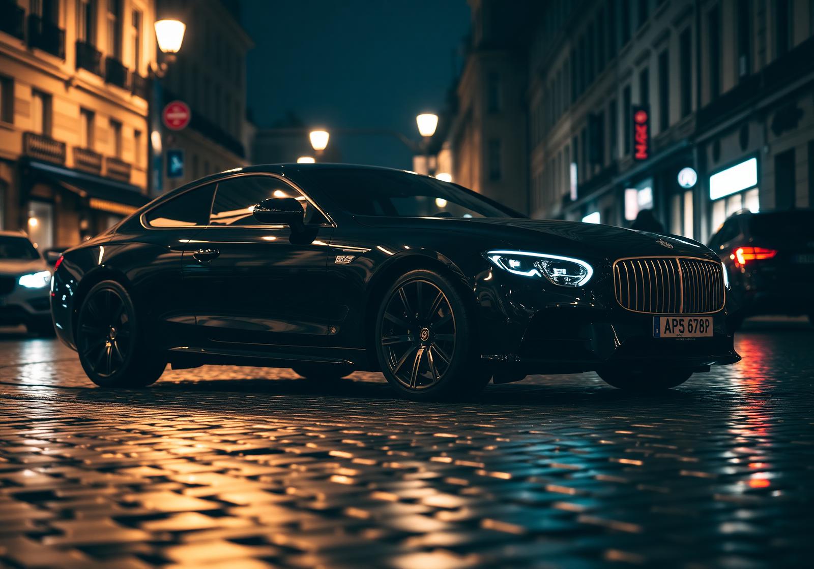 Black luxury car on a wet cobblestone European street at night
