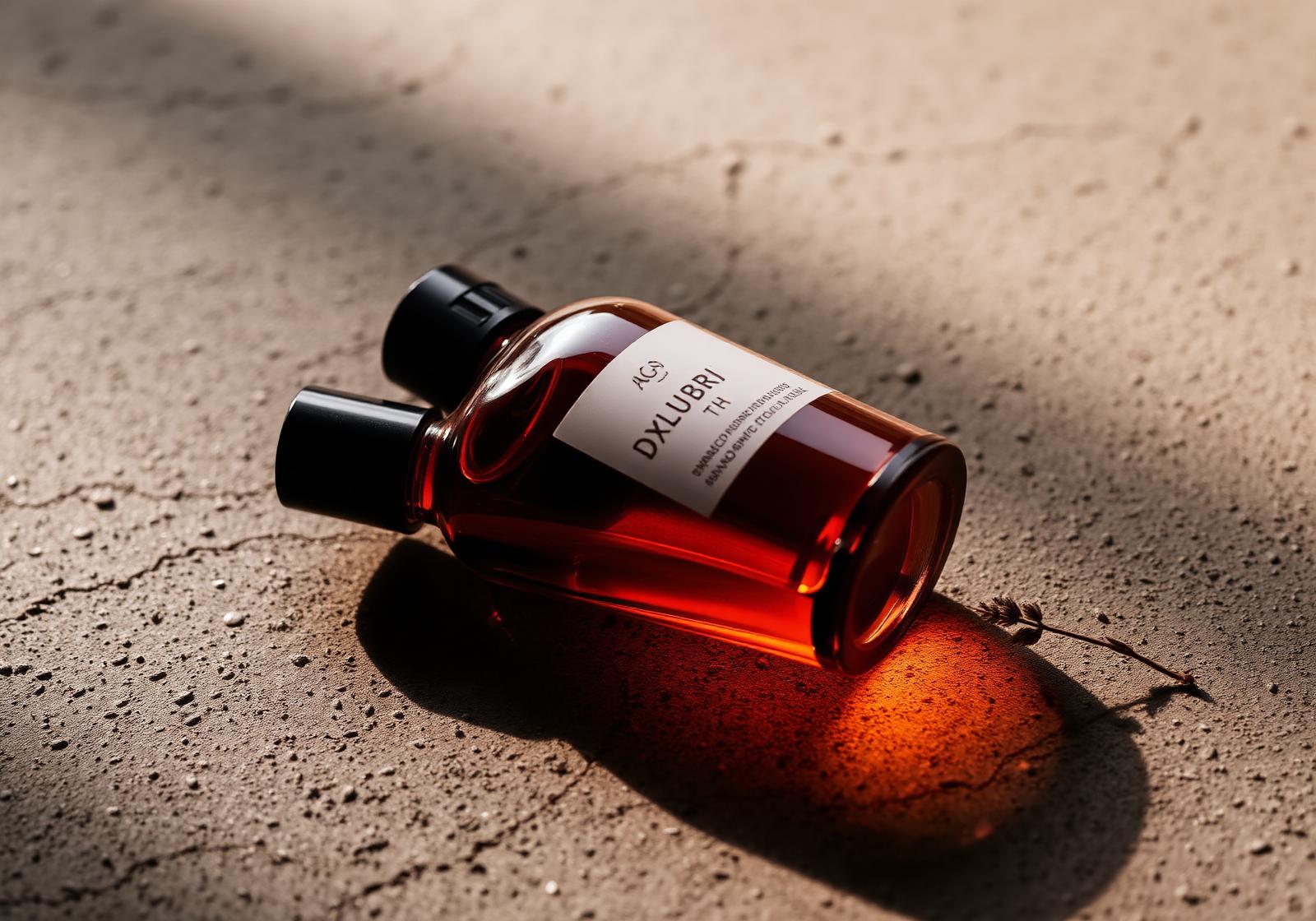Amber perfume bottle on textured concrete with dramatic side lighting