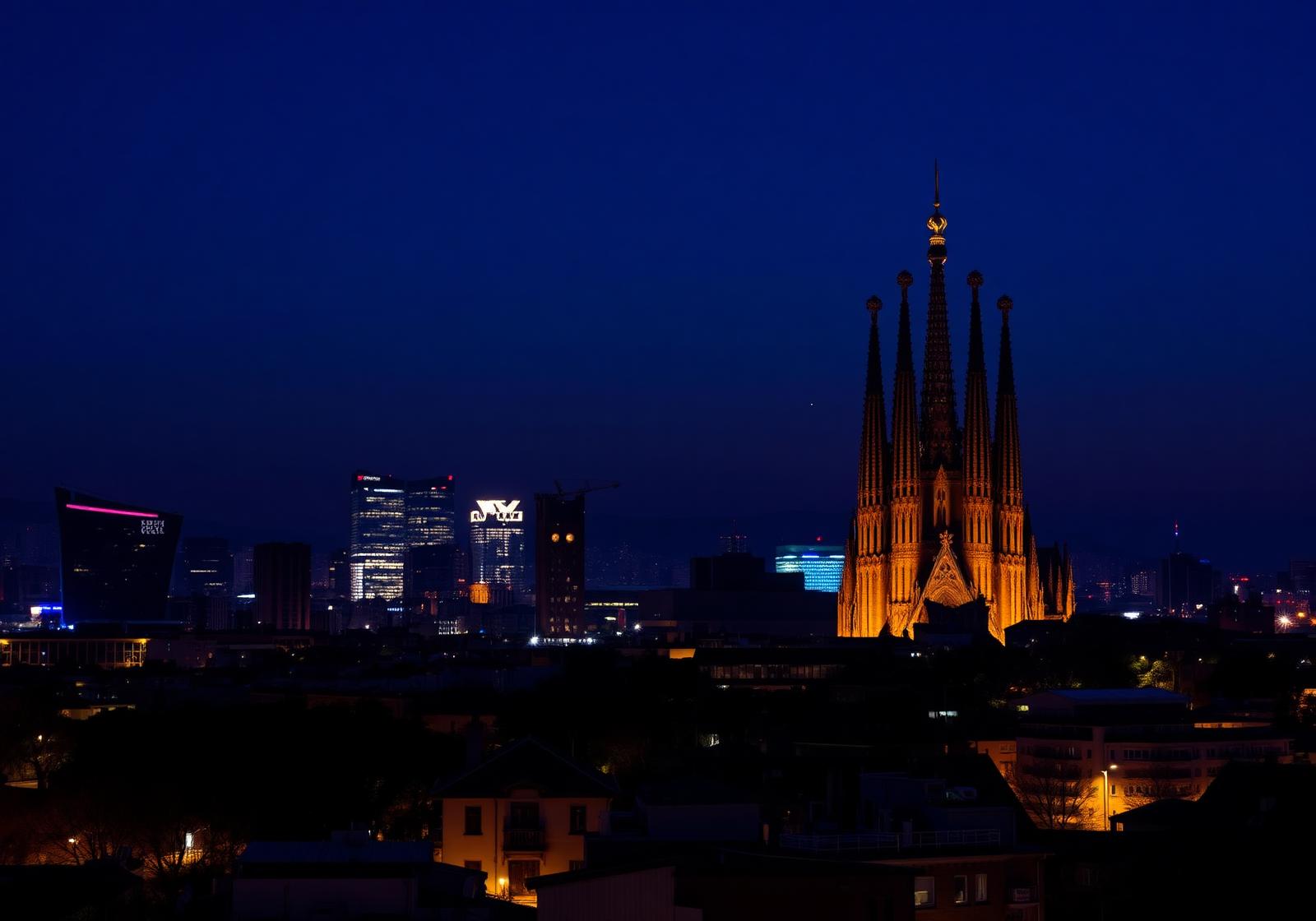 Barcelona skyline at blue hour with Sagrada Familia and Seoul towers in double exposure